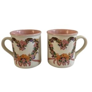 VTG Chelsea Wreath Coffee Mugs Set 2 Pink Floral Heart Ribbon 1989 Korea Cottage